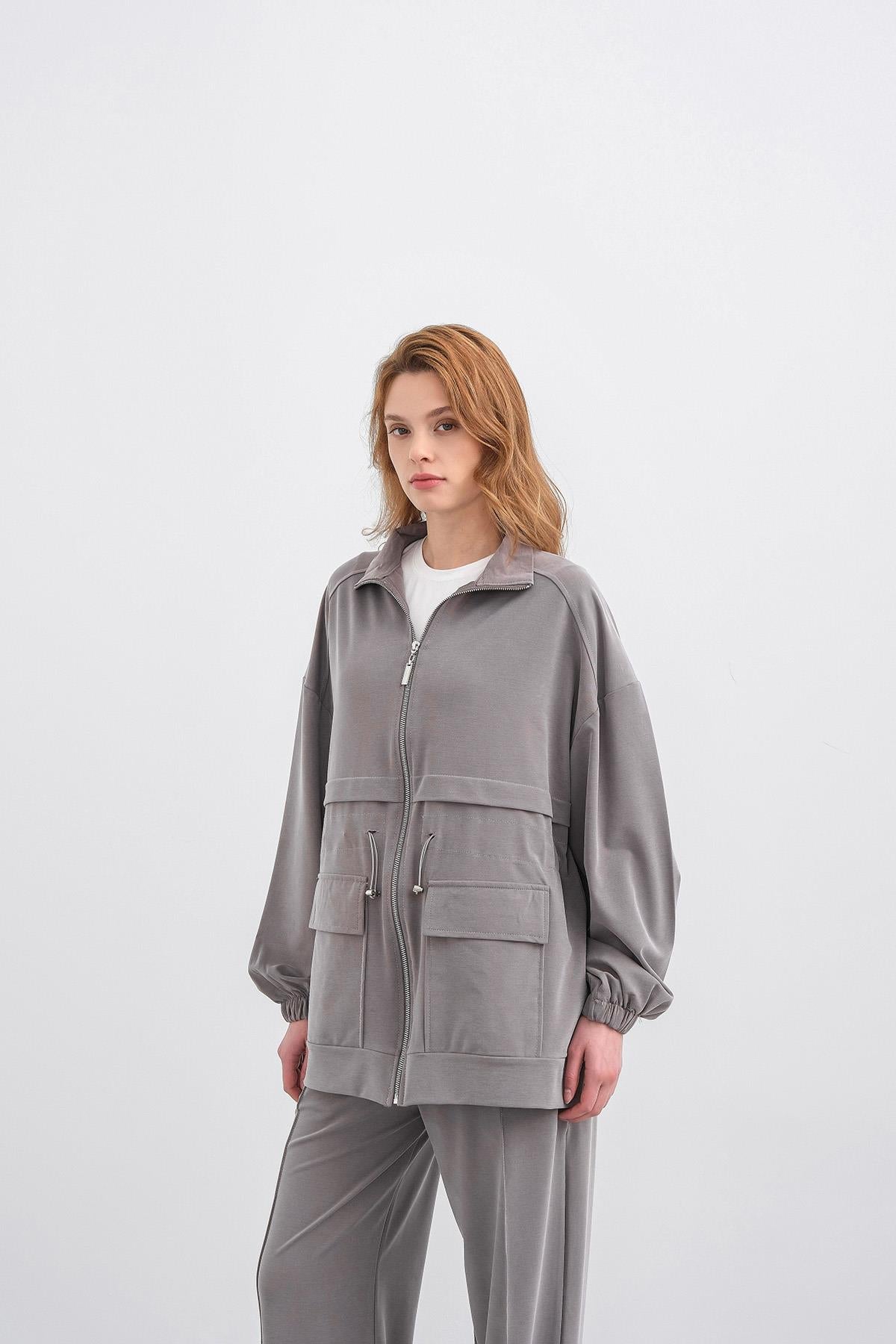 Gri Kadın Bel Lastik Detaylı Cepli Fermuar Kapamalı Oversize Modal Alt Üst Takım