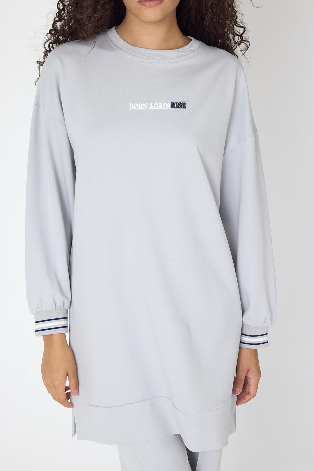 Gri Kadın Etek Ucu Yırtmaçlı Baskı Detaylı  Nervürlü Bol Paça Pantolon Sweatshirt  Alt Üst Takım