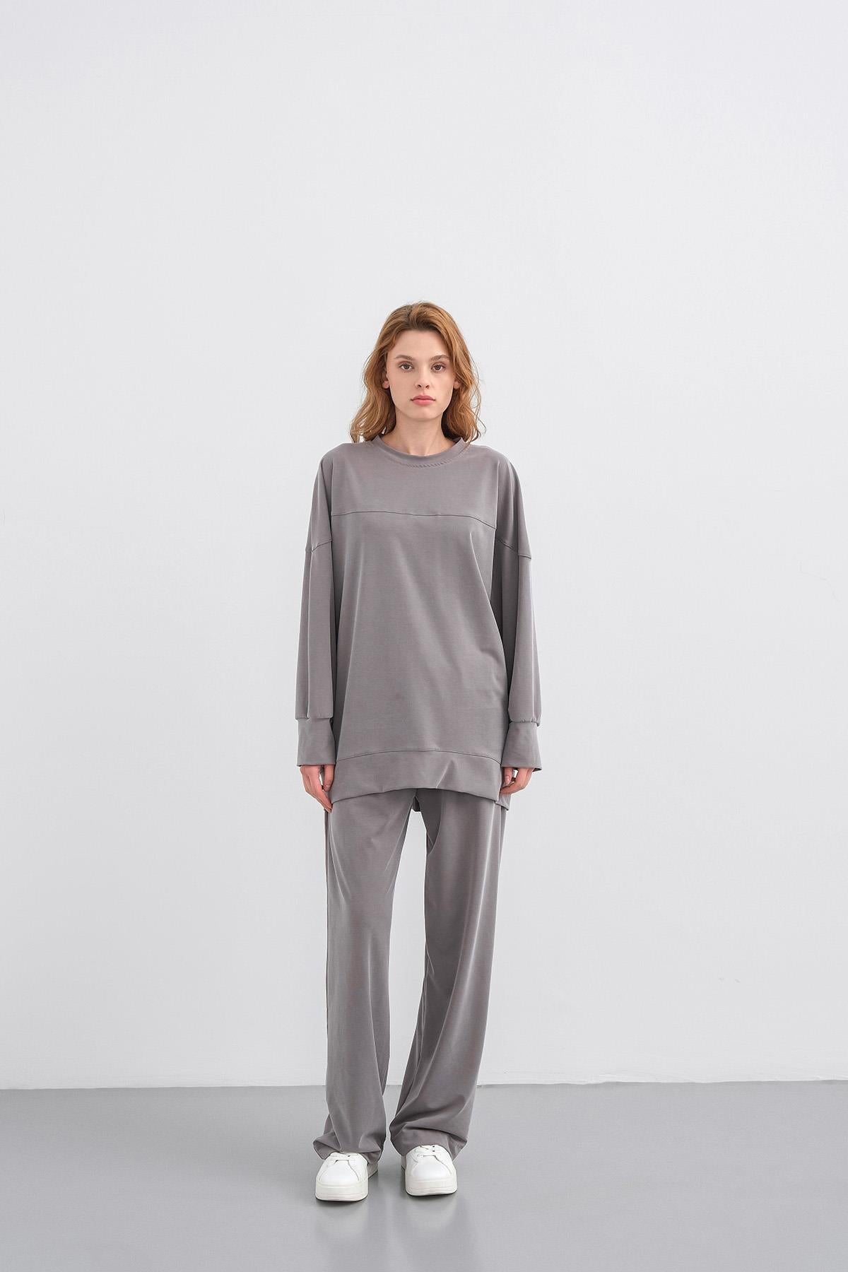 Gri Kadın Tencel Karışımlı Yumuşak Dokulu Nervürlü Bol Paça Basic Alt-Üst Takım
