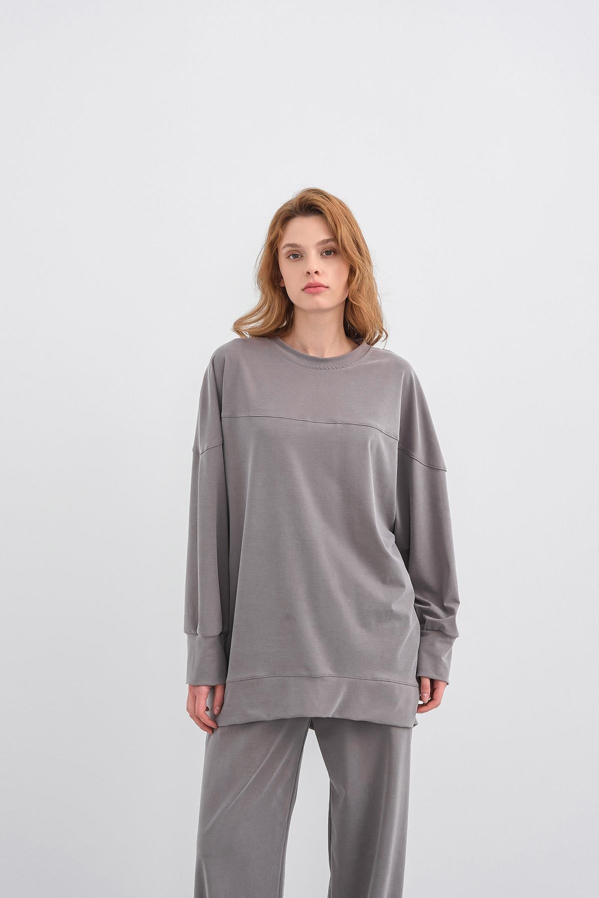 Gri Kadın Tencel Karışımlı Yumuşak Dokulu Nervürlü Bol Paça Basic Alt-Üst Takım