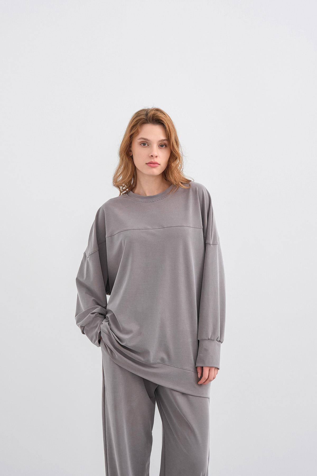 Gri Kadın Tencel Karışımlı Yumuşak Dokulu Nervürlü Bol Paça Basic Alt-Üst Takım