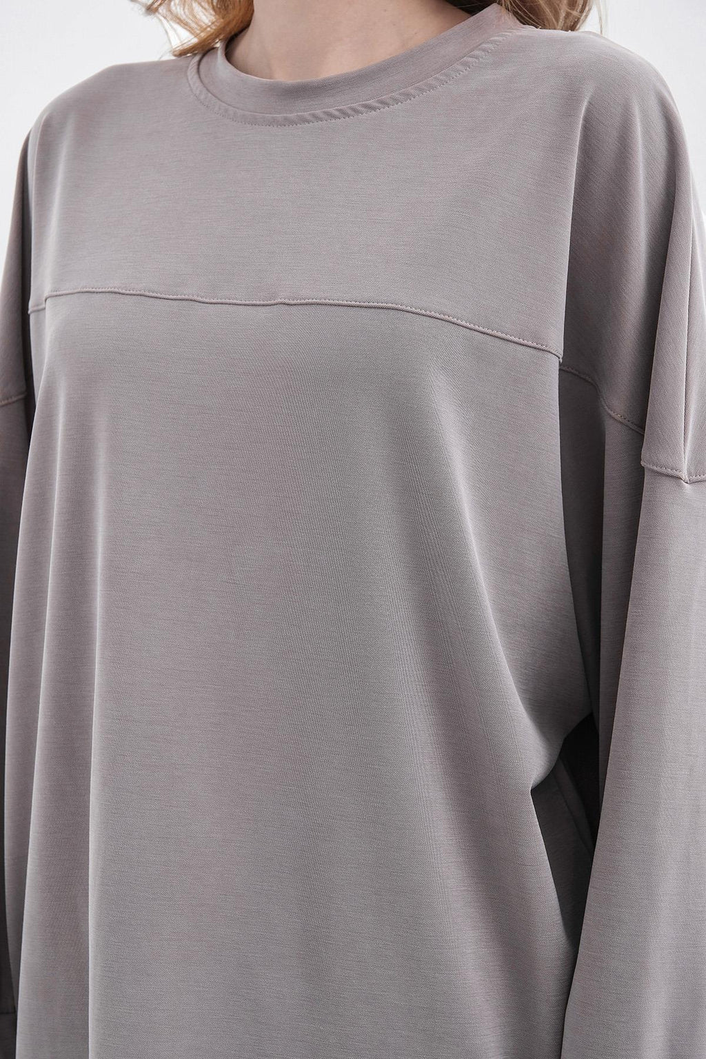 Gri Kadın Tencel Karışımlı Yumuşak Dokulu Nervürlü Bol Paça Basic Alt-Üst Takım