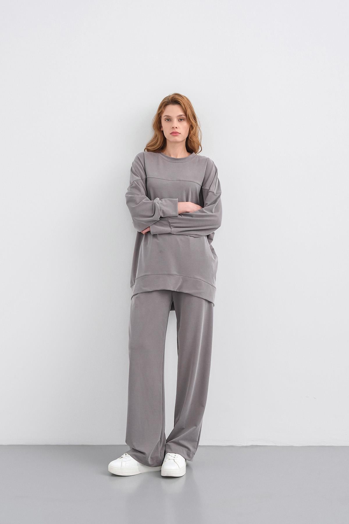 Gri Kadın Tencel Karışımlı Yumuşak Dokulu Nervürlü Bol Paça Basic Alt-Üst Takım