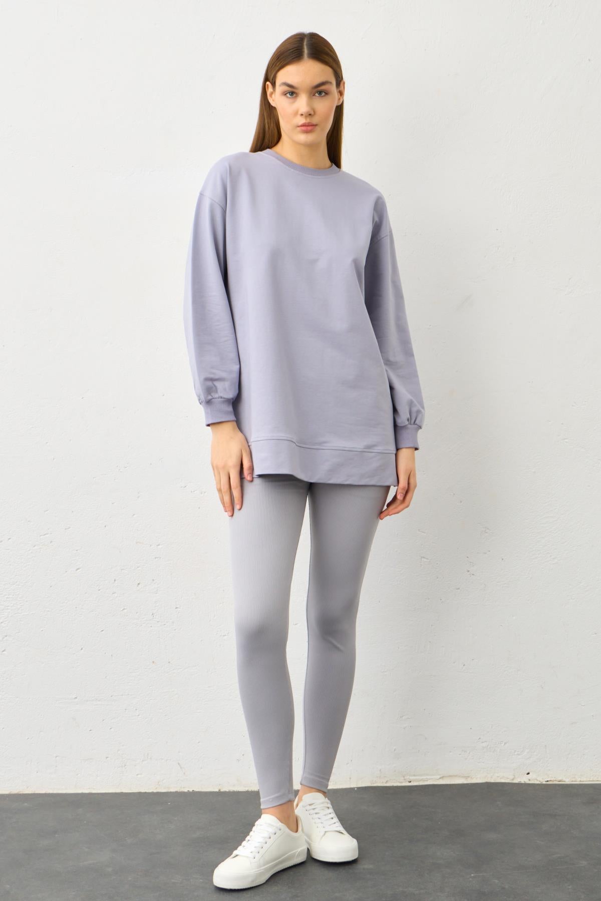 Gri Yüksek Bel Tayt Üstü Bisiklet Yaka Tunik  Pamuklu Alt Üst Takım