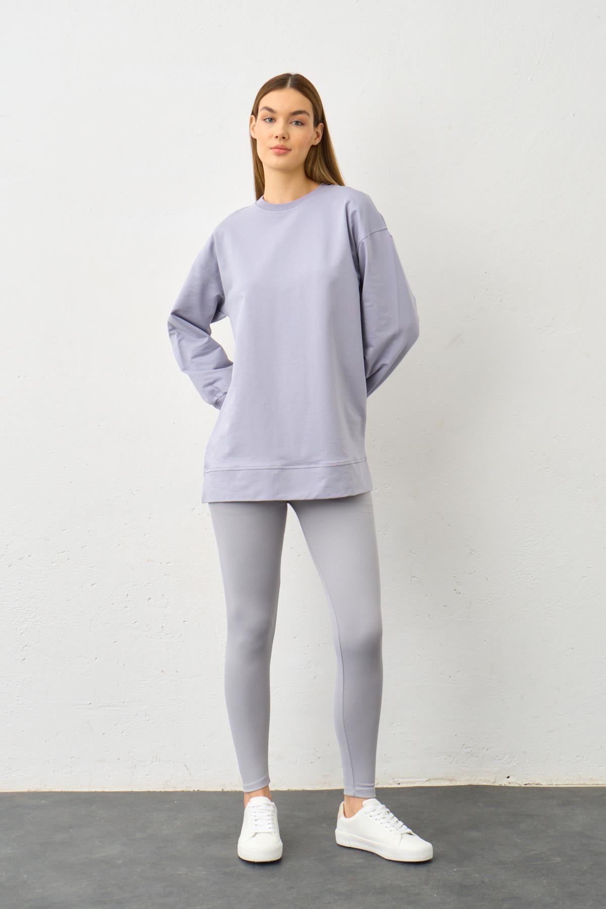 Gri Yüksek Bel Tayt Üstü Bisiklet Yaka Tunik  Pamuklu Alt Üst Takım