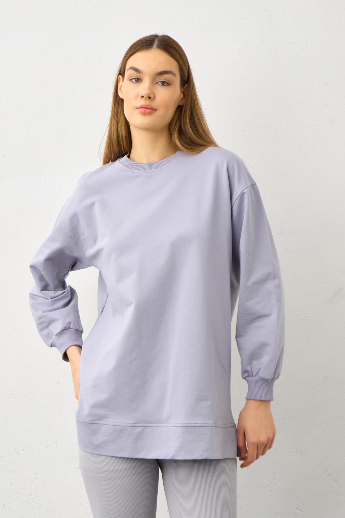 Gri Yüksek Bel Tayt Üstü Bisiklet Yaka Tunik  Pamuklu Alt Üst Takım