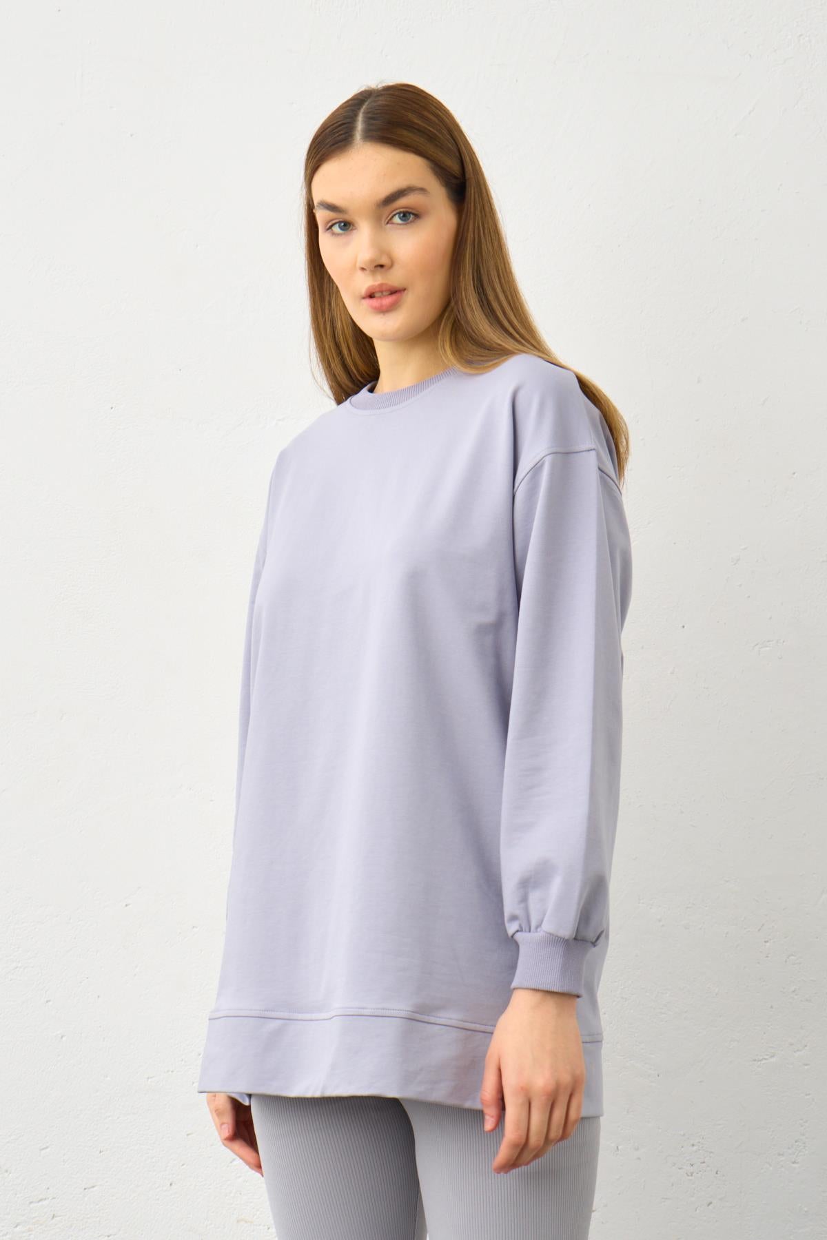 Gri Yüksek Bel Tayt Üstü Bisiklet Yaka Tunik  Pamuklu Alt Üst Takım