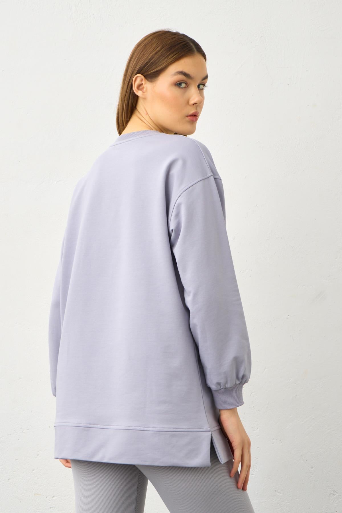 Gri Yüksek Bel Tayt Üstü Bisiklet Yaka Tunik  Pamuklu Alt Üst Takım