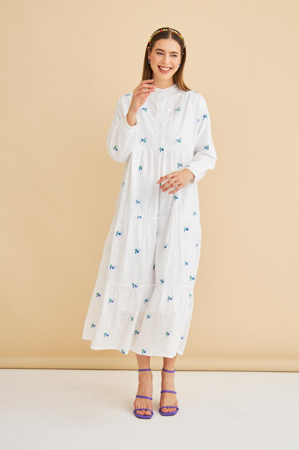 Guıpure Nakışlı ve Düğmeli Brode Oversize Mavi Elbise