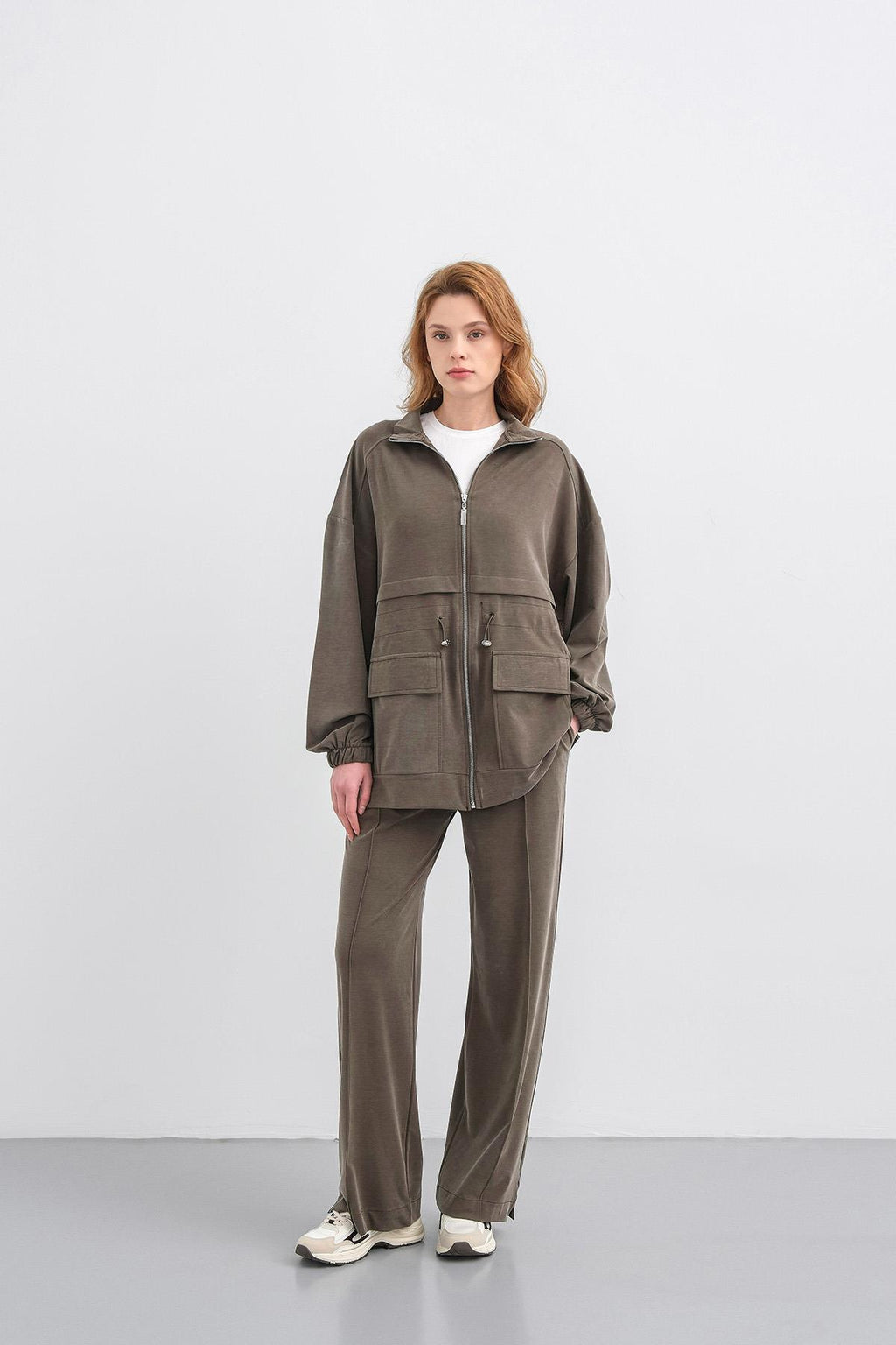 HAKİ Kadın Bel Lastik Detaylı Cepli Fermuar Kapamalı Oversize Modal Alt Üst Takım