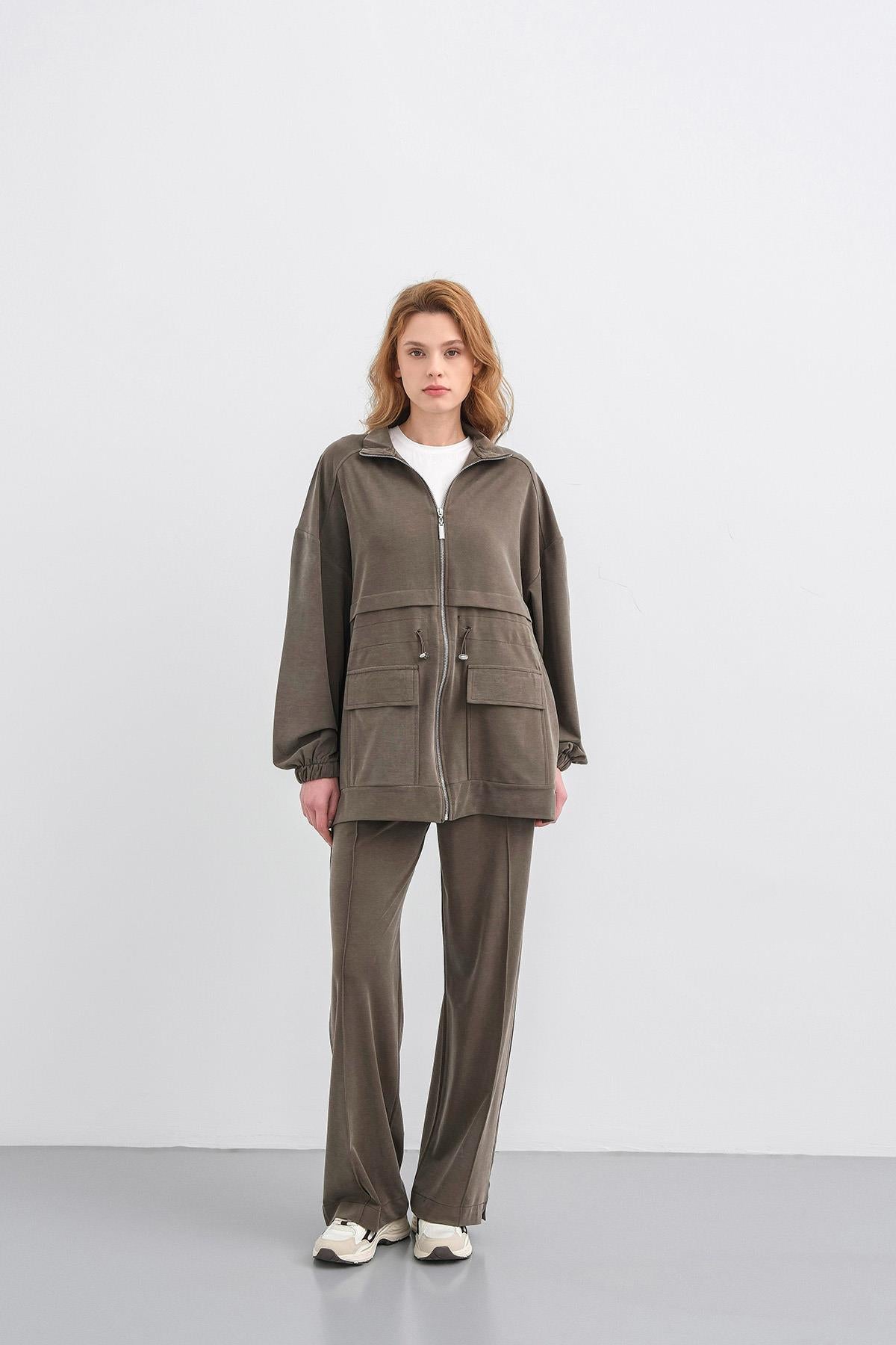 HAKİ Kadın Bel Lastik Detaylı Cepli Fermuar Kapamalı Oversize Modal Alt Üst Takım