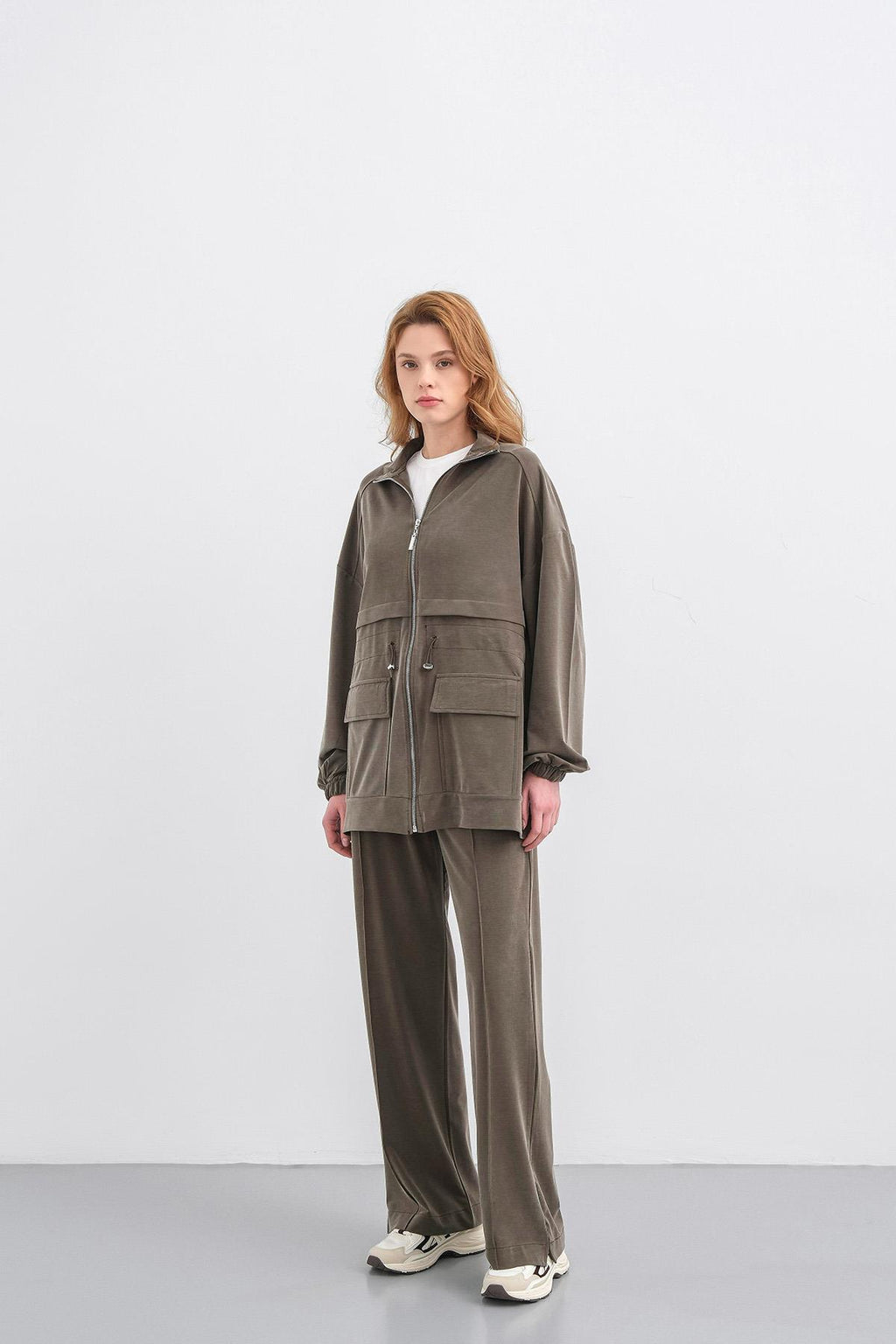 HAKİ Kadın Bel Lastik Detaylı Cepli Fermuar Kapamalı Oversize Modal Alt Üst Takım