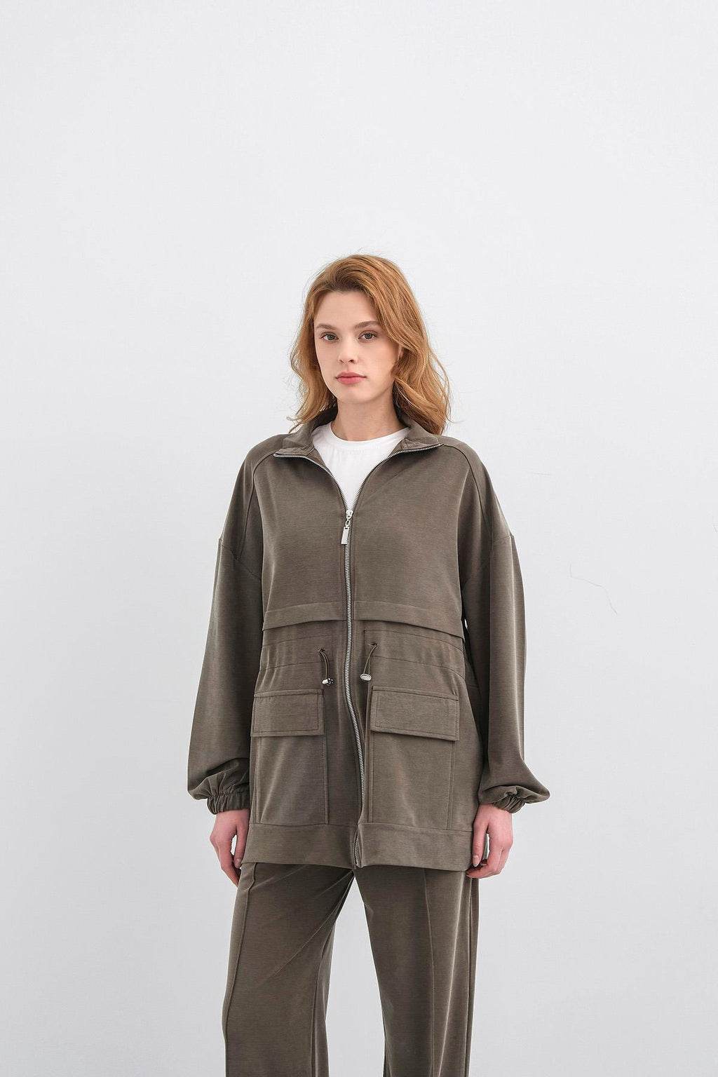 HAKİ Kadın Bel Lastik Detaylı Cepli Fermuar Kapamalı Oversize Modal Alt Üst Takım