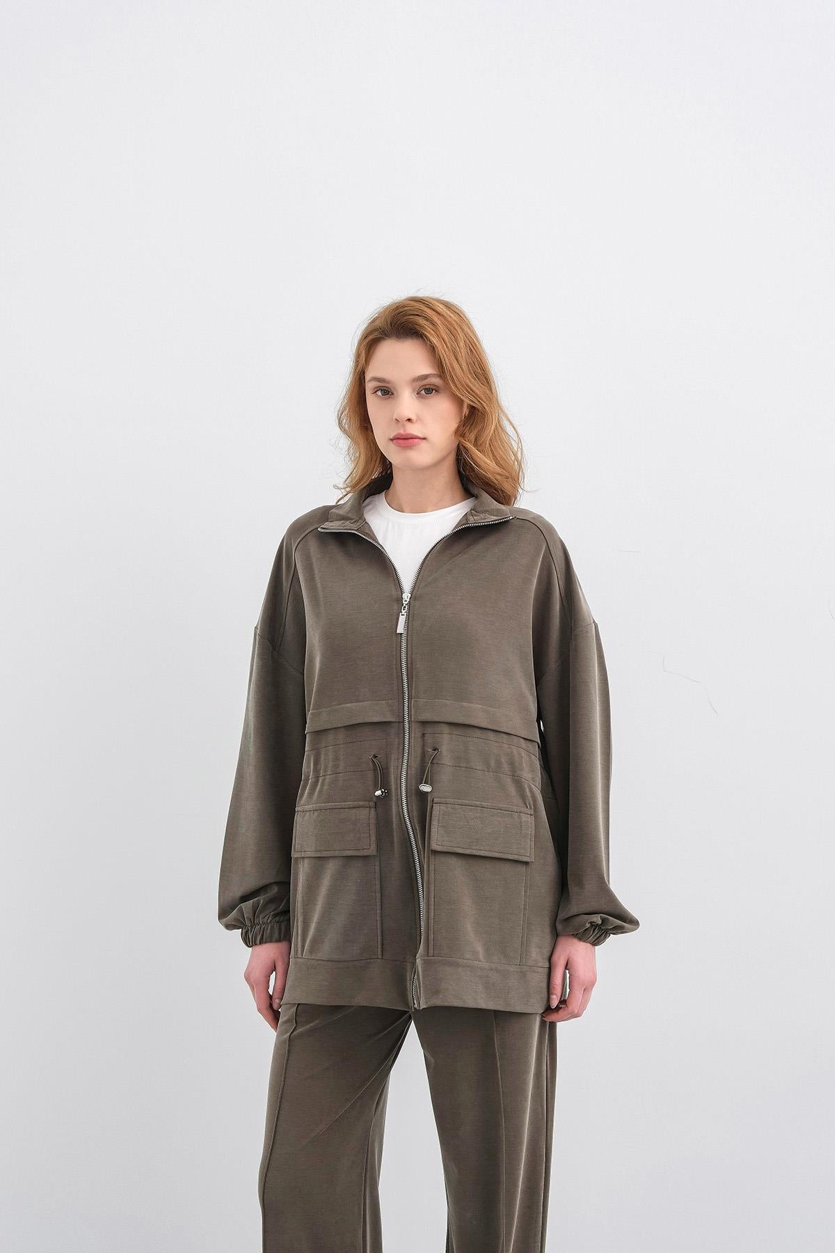 HAKİ Kadın Bel Lastik Detaylı Cepli Fermuar Kapamalı Oversize Modal Alt Üst Takım