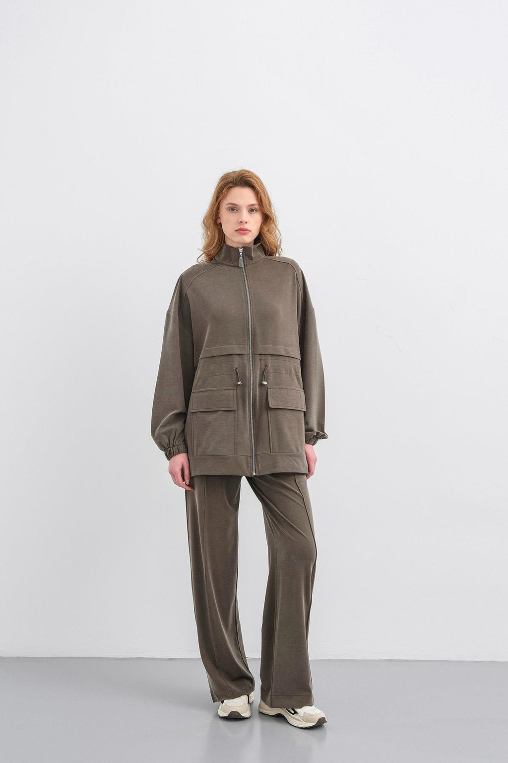 HAKİ Kadın Bel Lastik Detaylı Cepli Fermuar Kapamalı Oversize Modal Alt Üst Takım