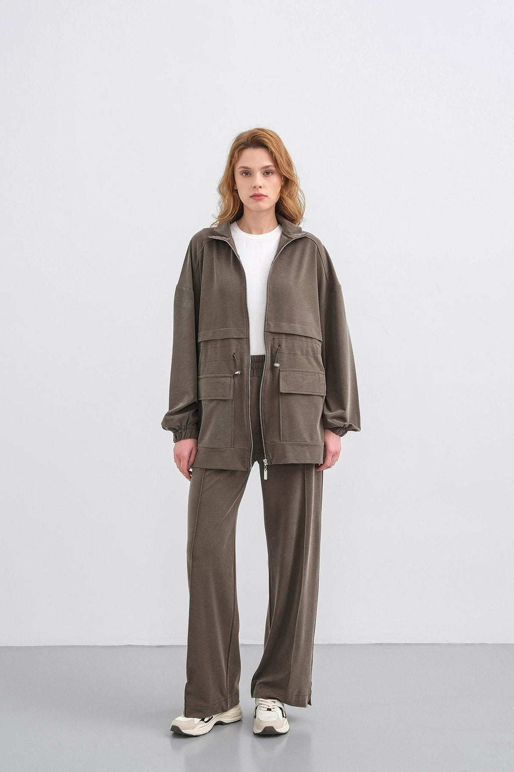 HAKİ Kadın Bel Lastik Detaylı Cepli Fermuar Kapamalı Oversize Modal Alt Üst Takım