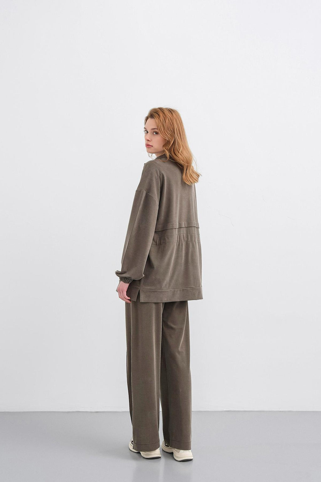 HAKİ Kadın Bel Lastik Detaylı Cepli Fermuar Kapamalı Oversize Modal Alt Üst Takım