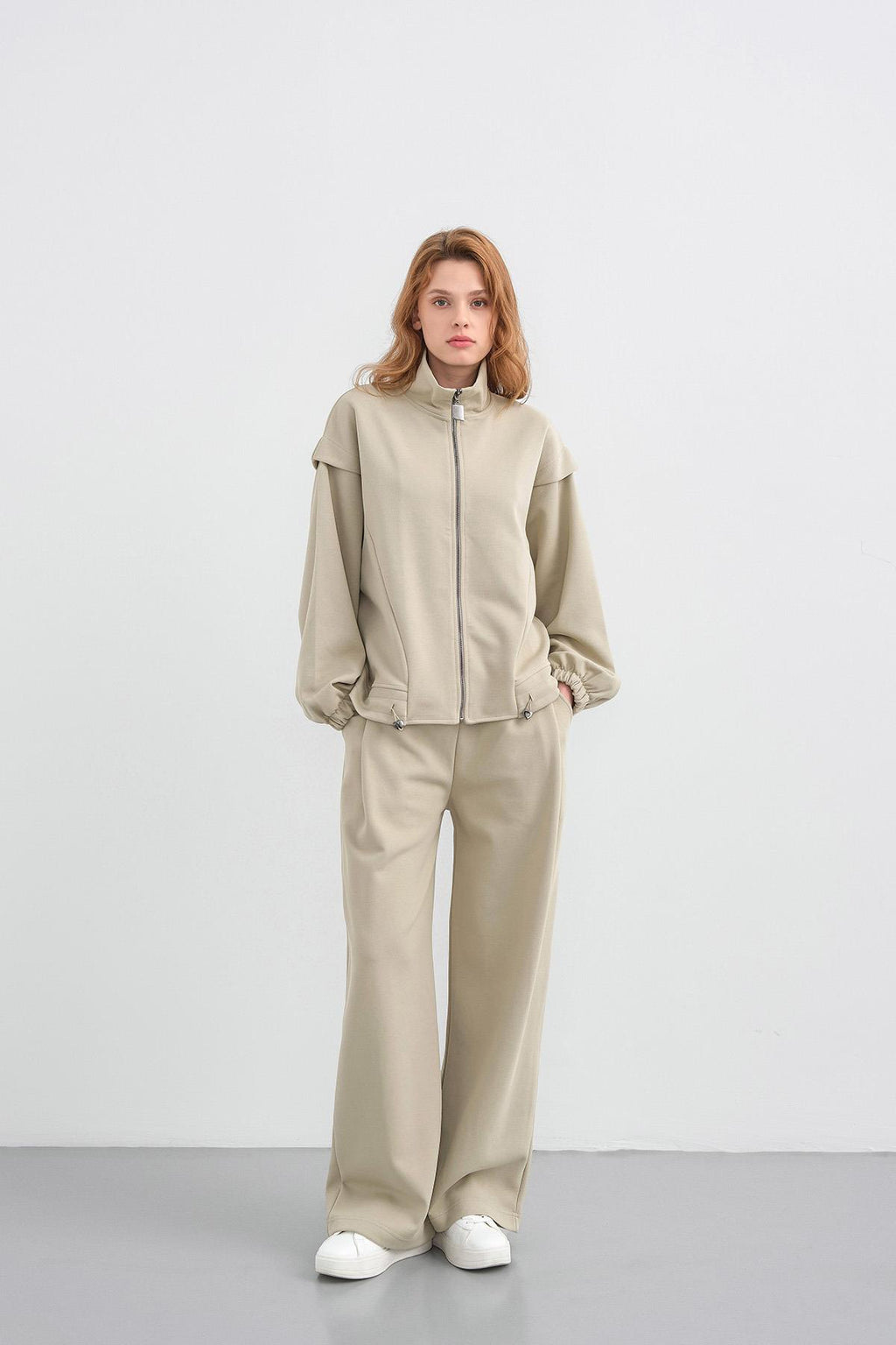 HAKİ Kadın Pike Dokulu Bel Ayarlanabilir Fermuar Detaylı Bol Paça Alt-Üst Takım