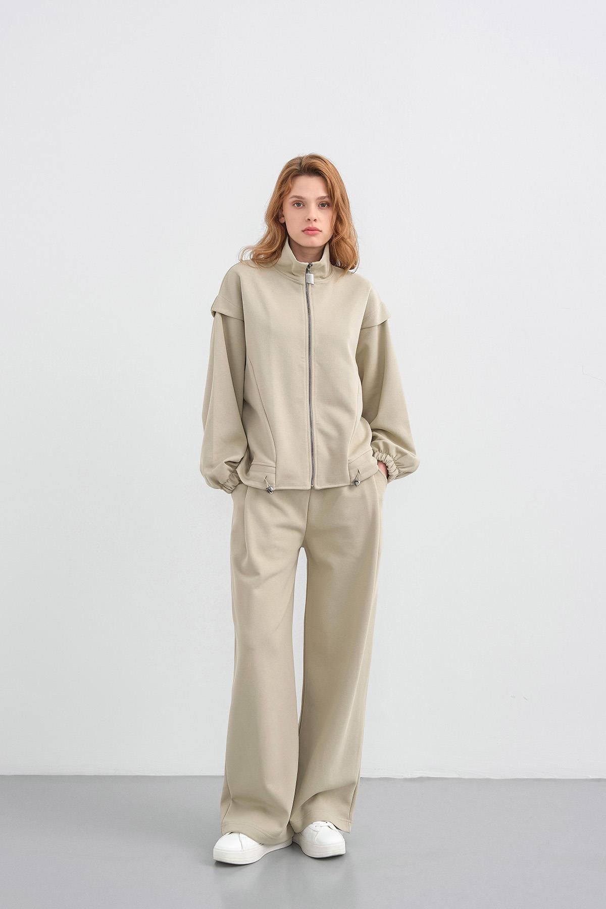 HAKİ Kadın Pike Dokulu Bel Ayarlanabilir Fermuar Detaylı Bol Paça Alt-Üst Takım