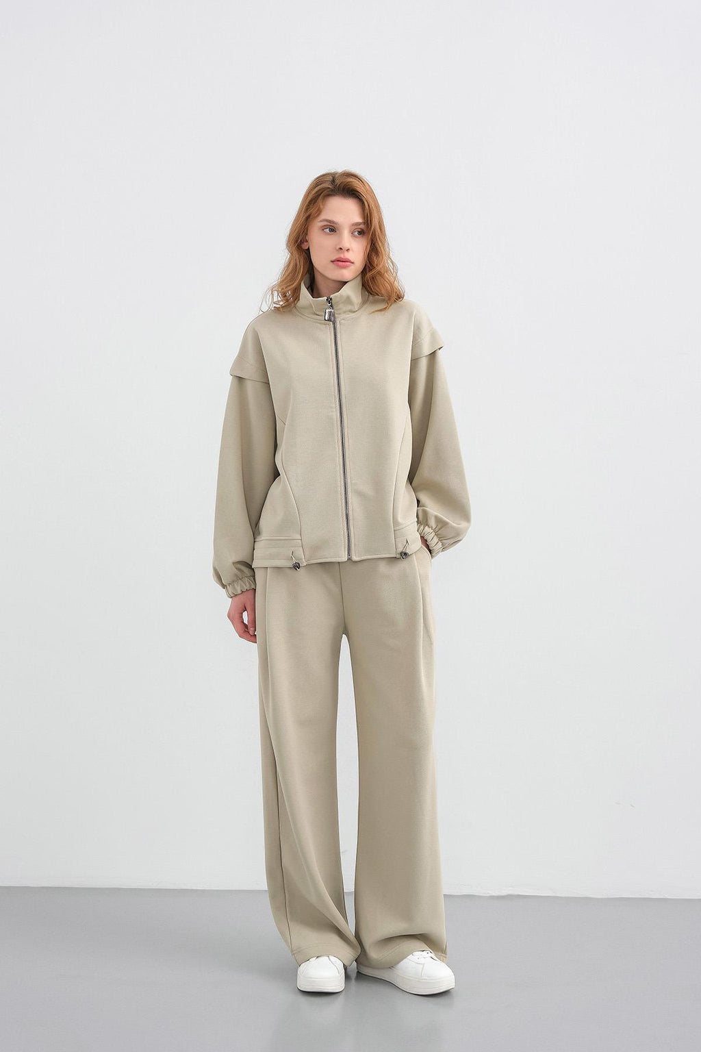 HAKİ Kadın Pike Dokulu Bel Ayarlanabilir Fermuar Detaylı Bol Paça Alt-Üst Takım