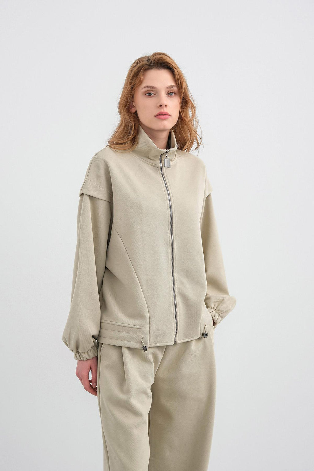 HAKİ Kadın Pike Dokulu Bel Ayarlanabilir Fermuar Detaylı Bol Paça Alt-Üst Takım