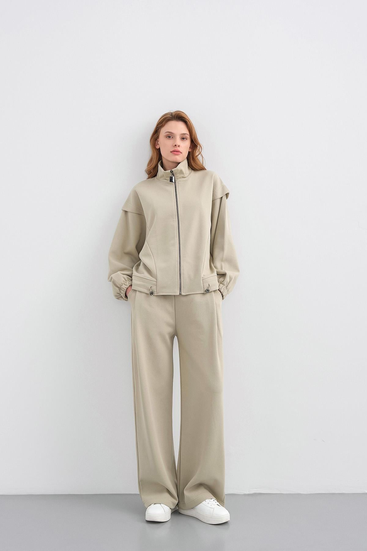 HAKİ Kadın Pike Dokulu Bel Ayarlanabilir Fermuar Detaylı Bol Paça Alt-Üst Takım