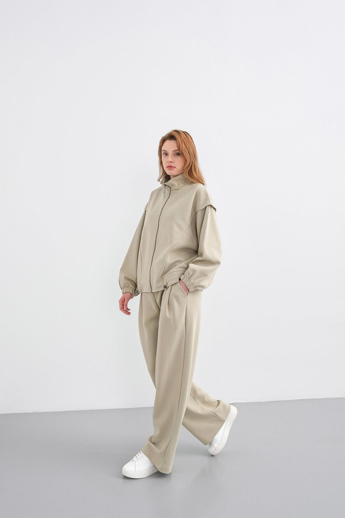 HAKİ Kadın Pike Dokulu Bel Ayarlanabilir Fermuar Detaylı Bol Paça Alt-Üst Takım