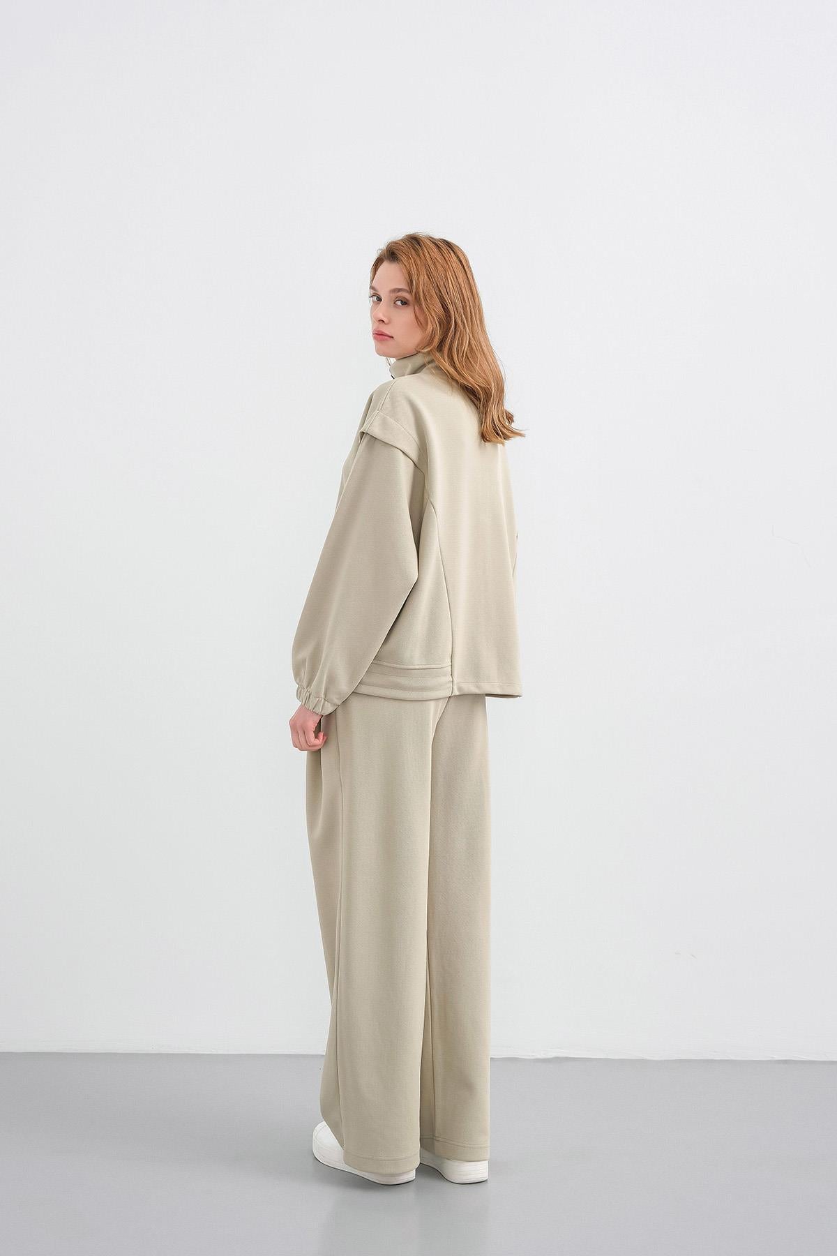 HAKİ Kadın Pike Dokulu Bel Ayarlanabilir Fermuar Detaylı Bol Paça Alt-Üst Takım