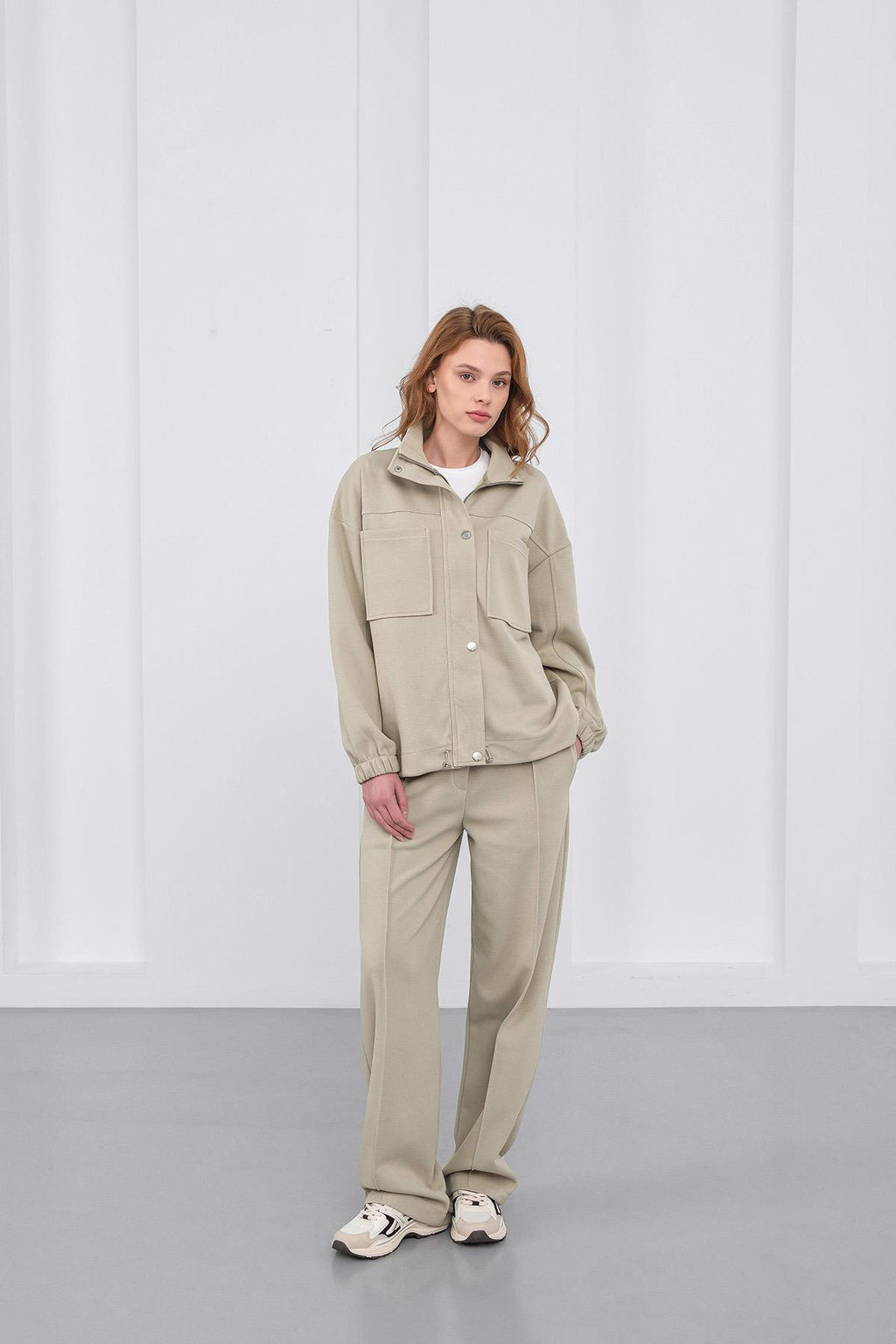 HAKİ Kadın Pike Dokulu Bel Ayarlanabilir Oversize Ceket Pantolon Takım