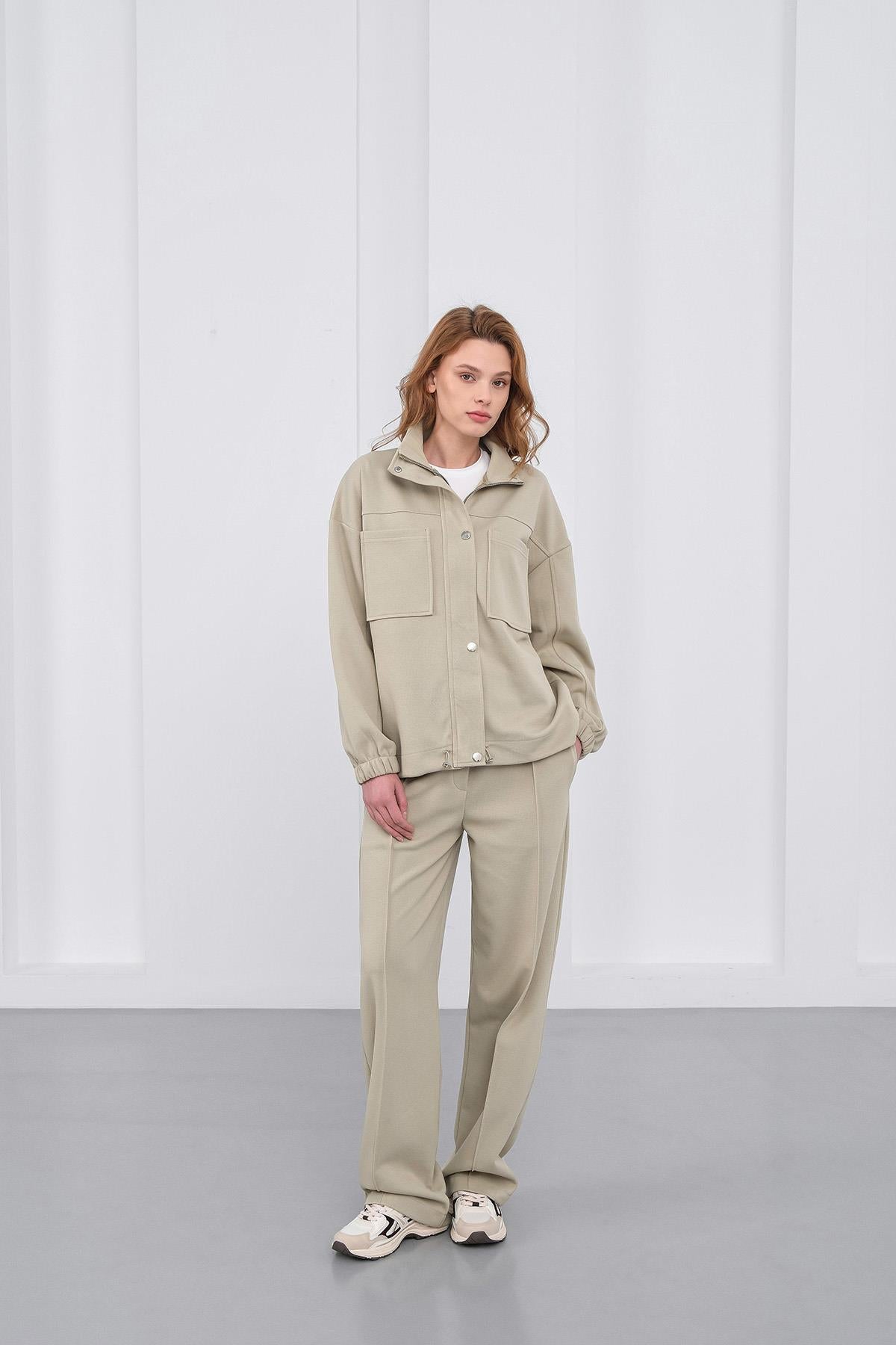 HAKİ Kadın Pike Dokulu Bel Ayarlanabilir Oversize Ceket Pantolon Takım