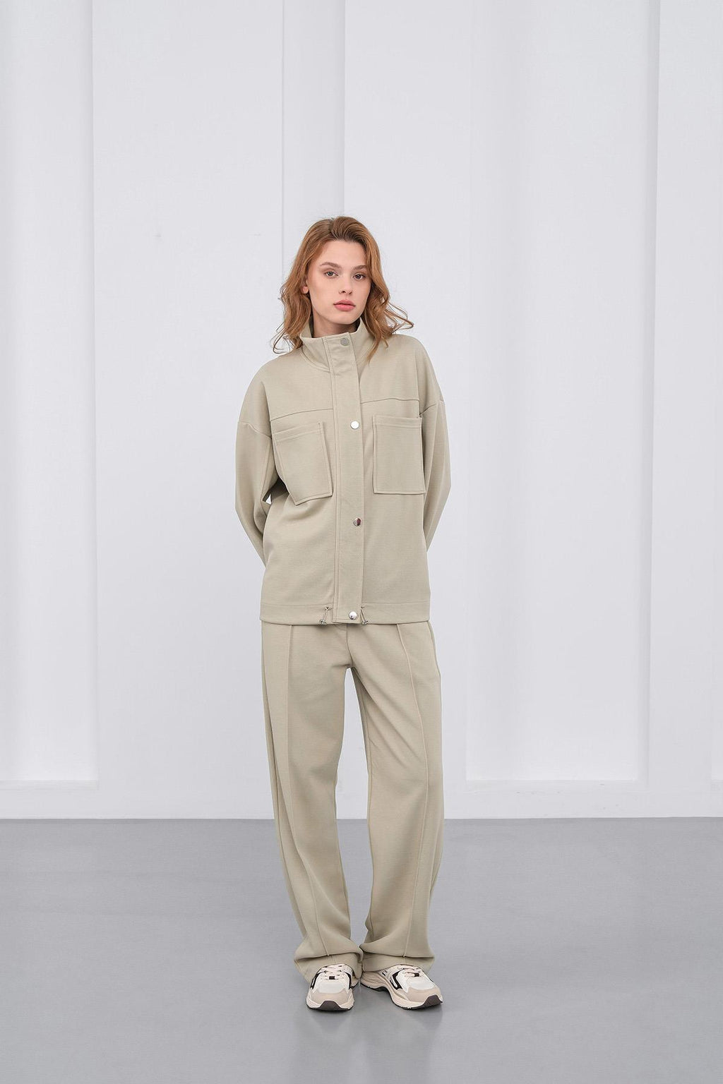 HAKİ Kadın Pike Dokulu Bel Ayarlanabilir Oversize Ceket Pantolon Takım