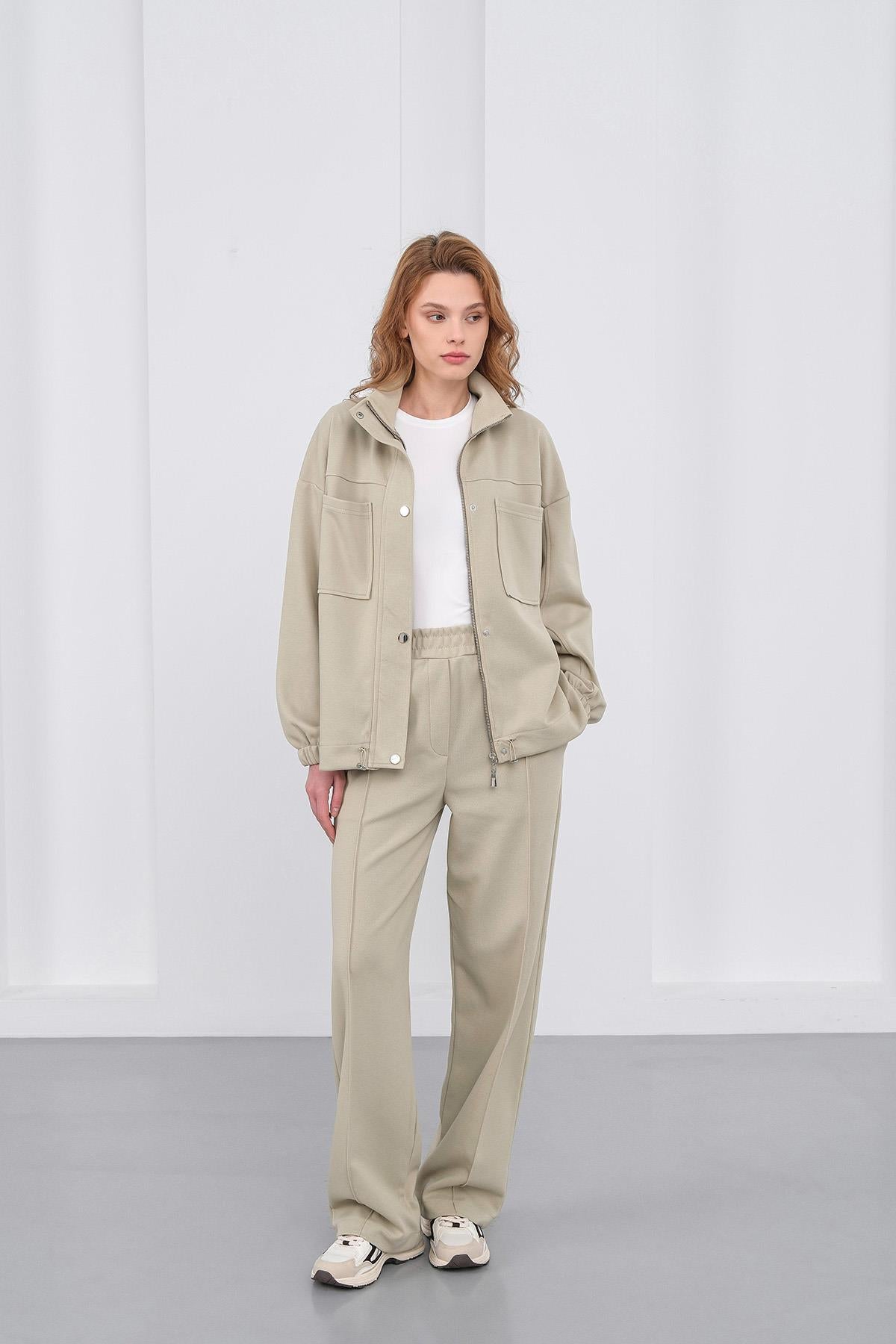 HAKİ Kadın Pike Dokulu Bel Ayarlanabilir Oversize Ceket Pantolon Takım