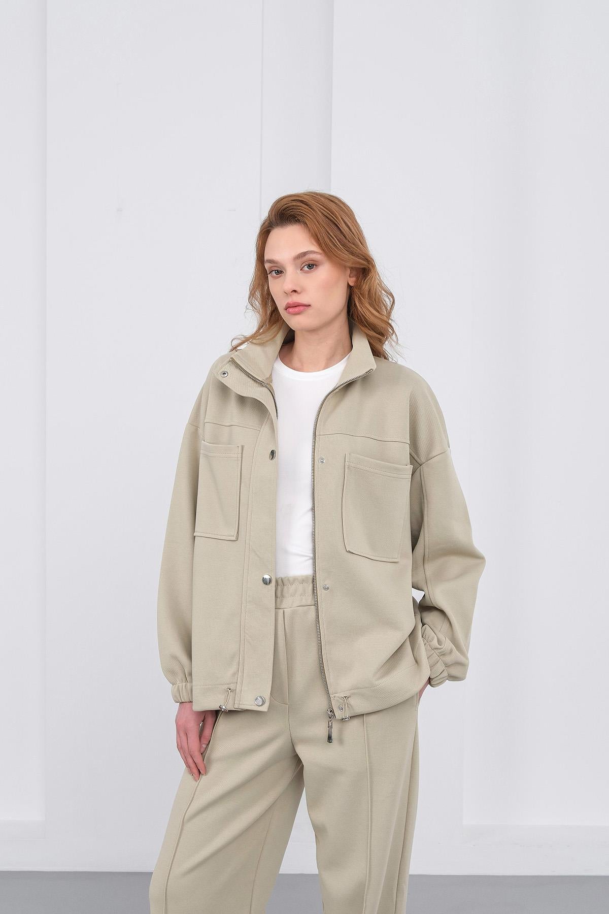 HAKİ Kadın Pike Dokulu Bel Ayarlanabilir Oversize Ceket Pantolon Takım