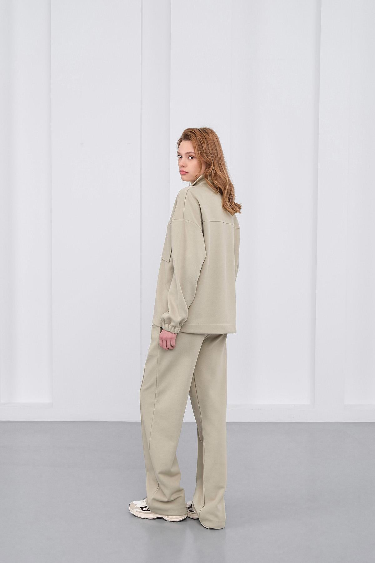 HAKİ Kadın Pike Dokulu Bel Ayarlanabilir Oversize Ceket Pantolon Takım