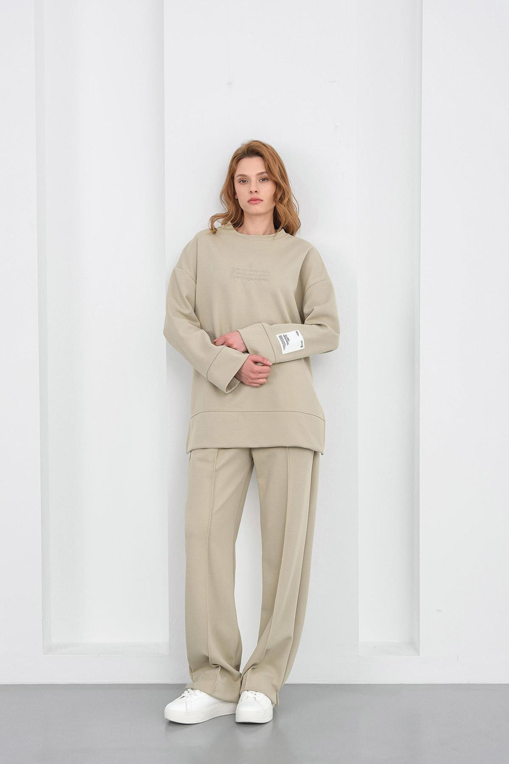 HAKİ Kadın Pike Dokulu Nakış Detaylı Yırtmaçlı Oversize Bol Paça Alt-Üst Takım