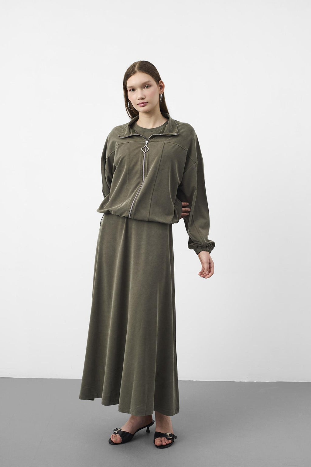 HAKİ Kadın Premium Tencel Doku Sweat Üstlü Midi Elbise Takım