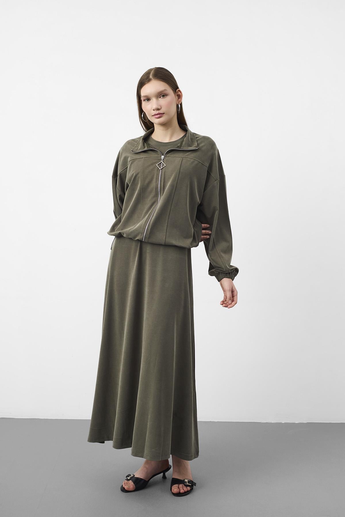 HAKİ Kadın Premium Tencel Doku Sweat Üstlü Midi Elbise Takım