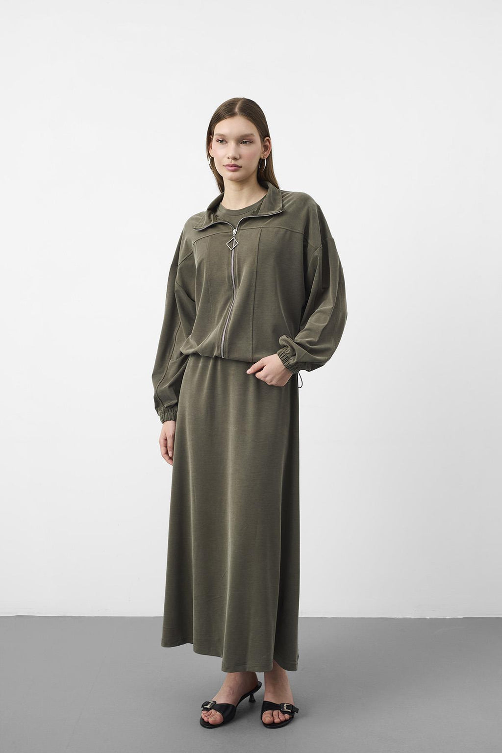 HAKİ Kadın Premium Tencel Doku Sweat Üstlü Midi Elbise Takım