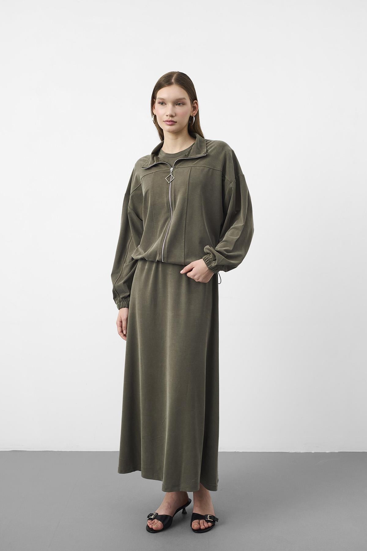 HAKİ Kadın Premium Tencel Doku Sweat Üstlü Midi Elbise Takım