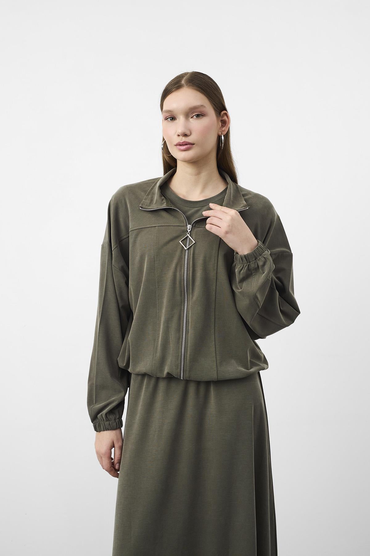 HAKİ Kadın Premium Tencel Doku Sweat Üstlü Midi Elbise Takım