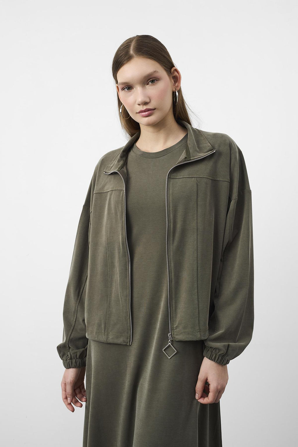 HAKİ Kadın Premium Tencel Doku Sweat Üstlü Midi Elbise Takım