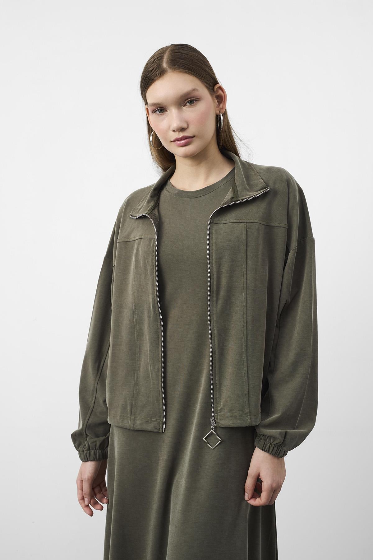 HAKİ Kadın Premium Tencel Doku Sweat Üstlü Midi Elbise Takım