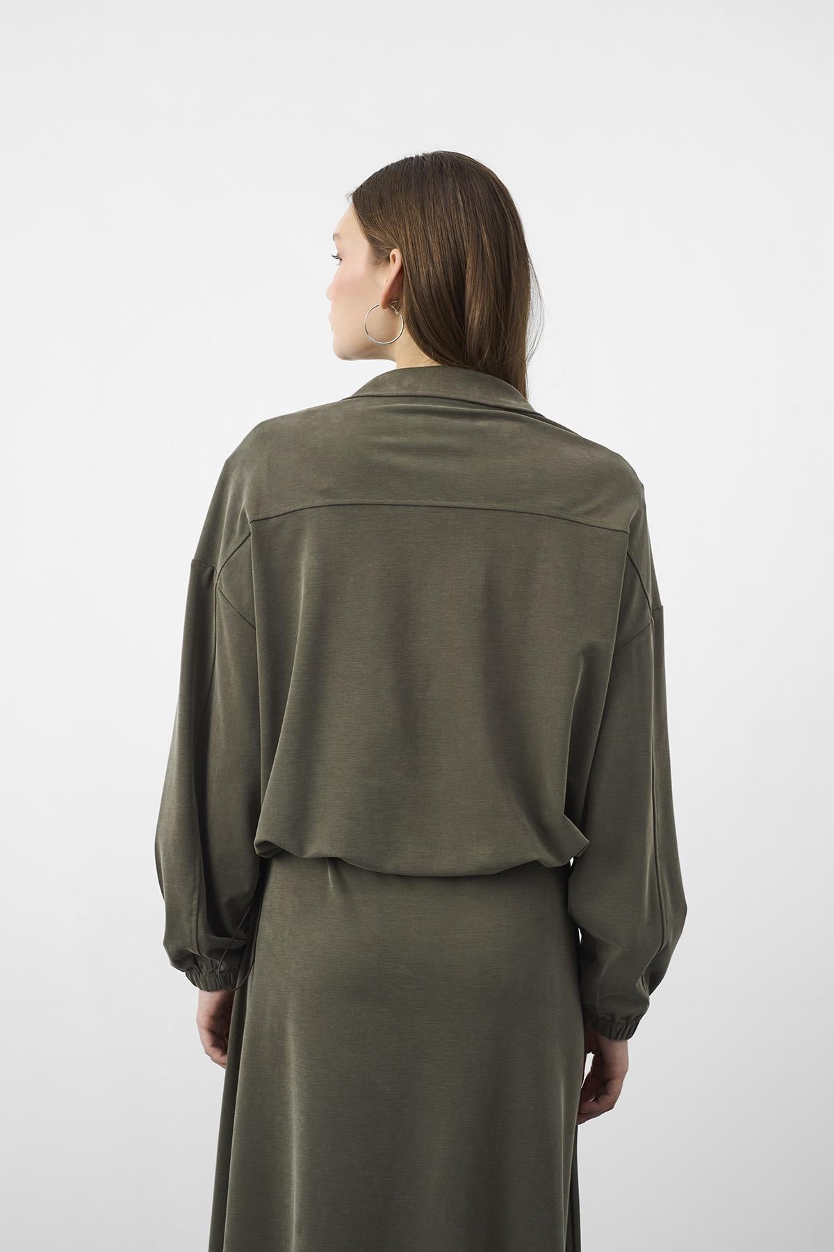 HAKİ Kadın Premium Tencel Doku Sweat Üstlü Midi Elbise Takım