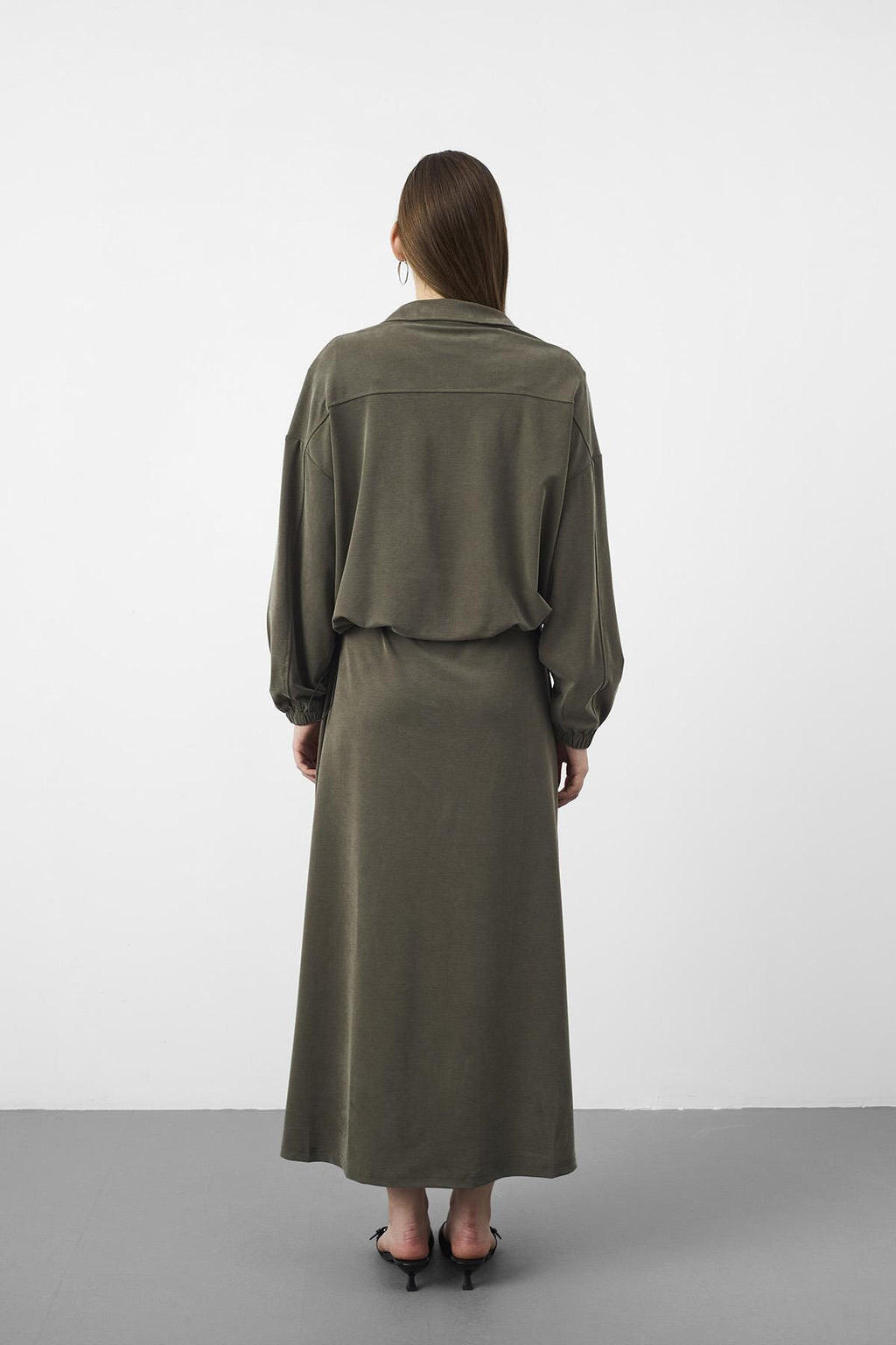 HAKİ Kadın Premium Tencel Doku Sweat Üstlü Midi Elbise Takım