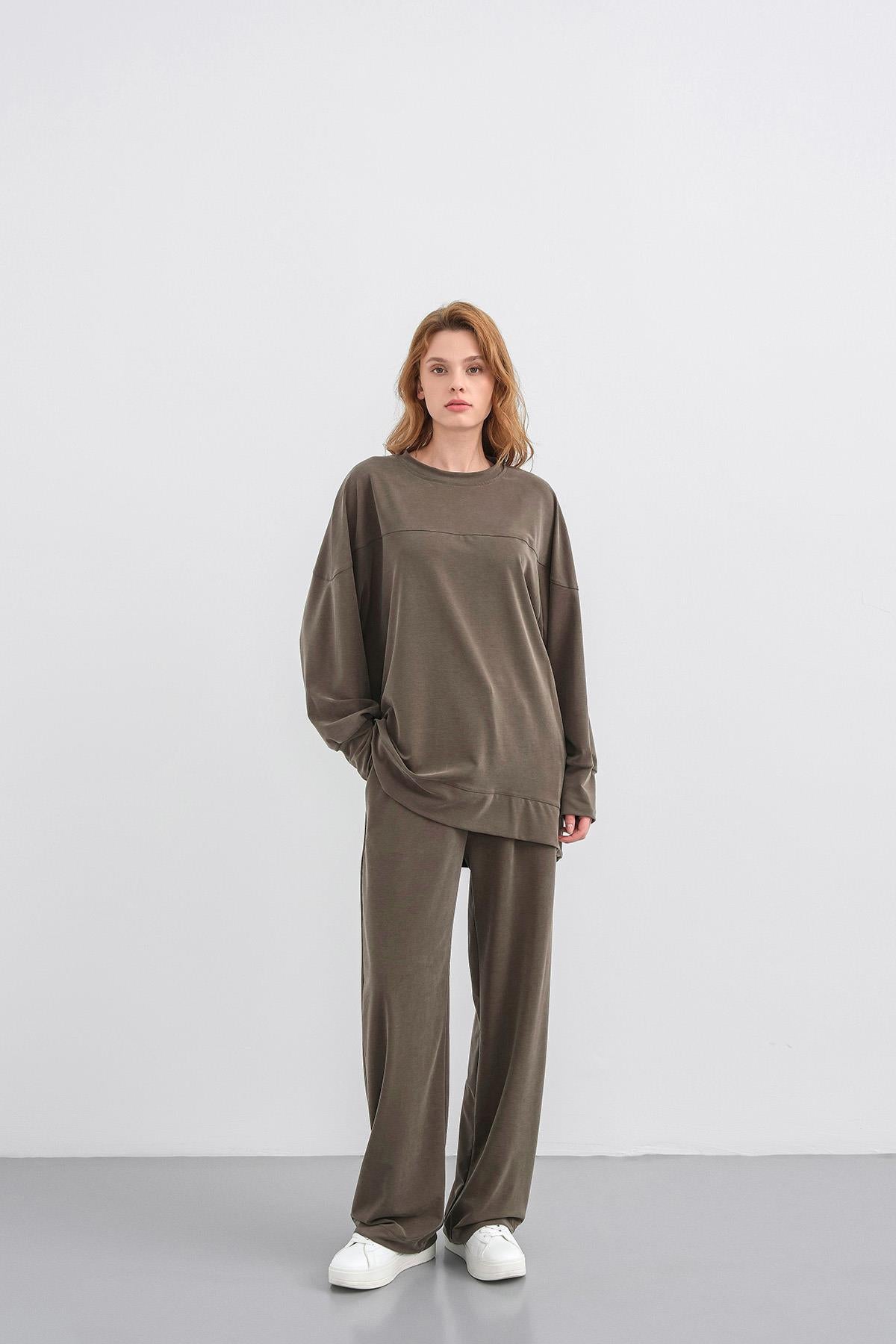 HAKİ Kadın Tencel Karışımlı Yumuşak Dokulu Nervürlü Bol Paça Basic Alt-Üst Takım