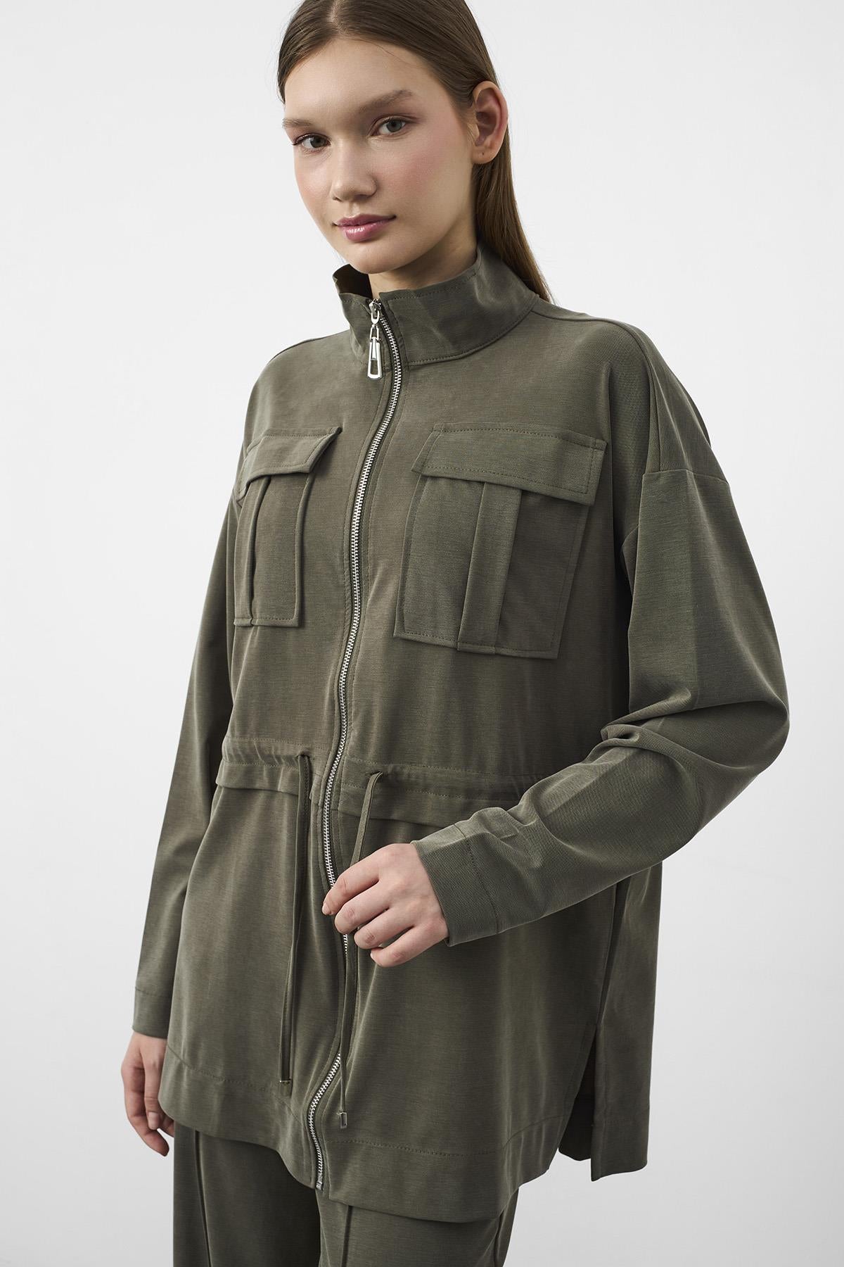 HAKİ Tencel Akışkan Doku Beli Ayarlanabilir Ön Dikişli Ceket Pantolon Takım