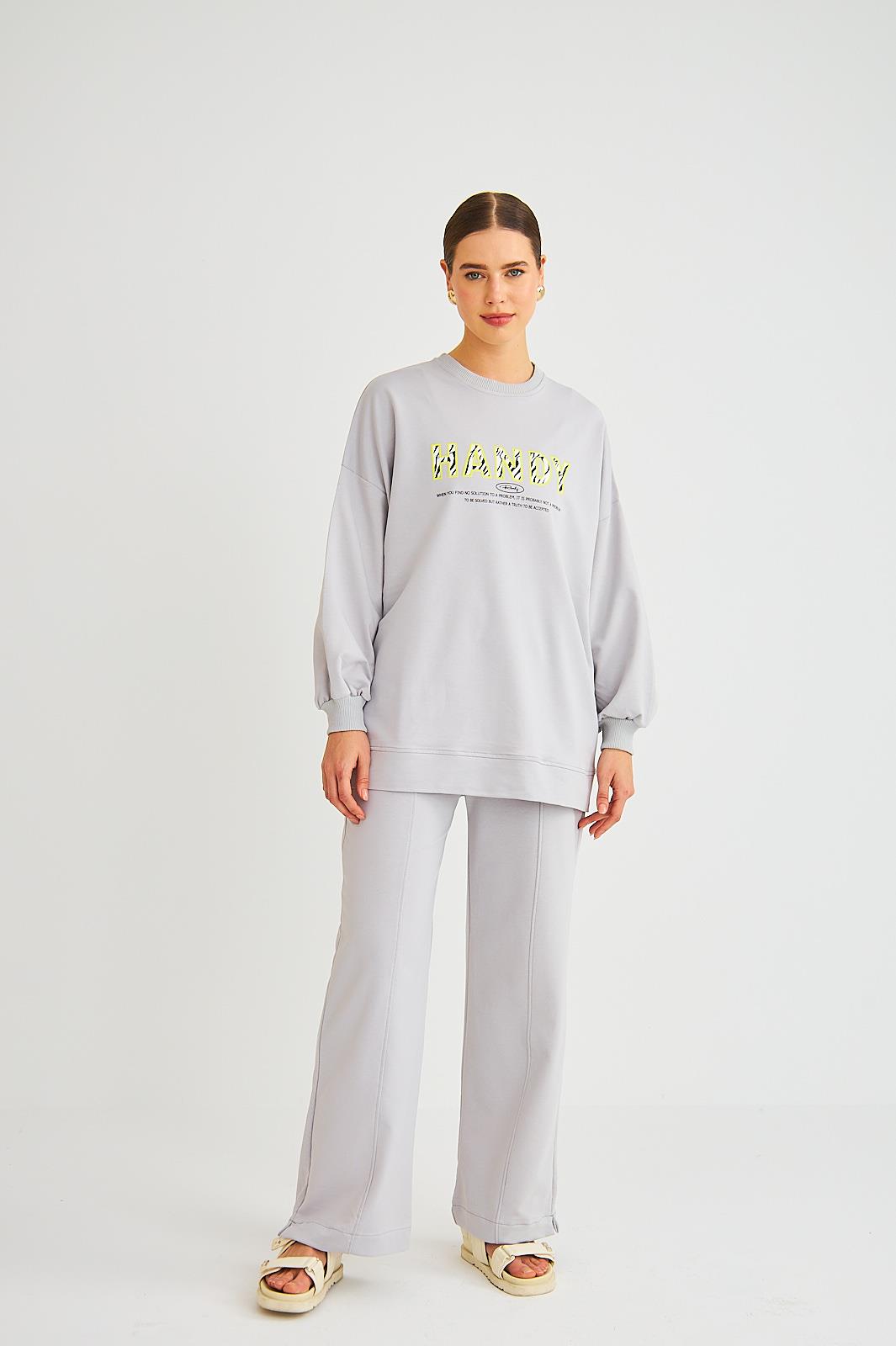 Handy Baskılı Pamuklu Oversize Gri Alt Üst Takım