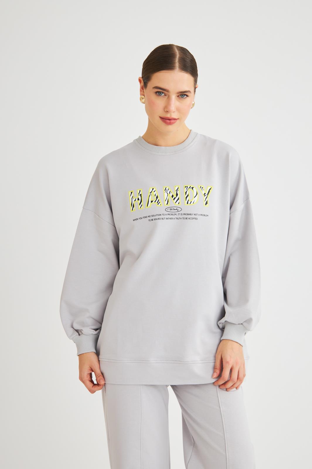 Handy Baskılı Pamuklu Oversize Gri Alt Üst Takım