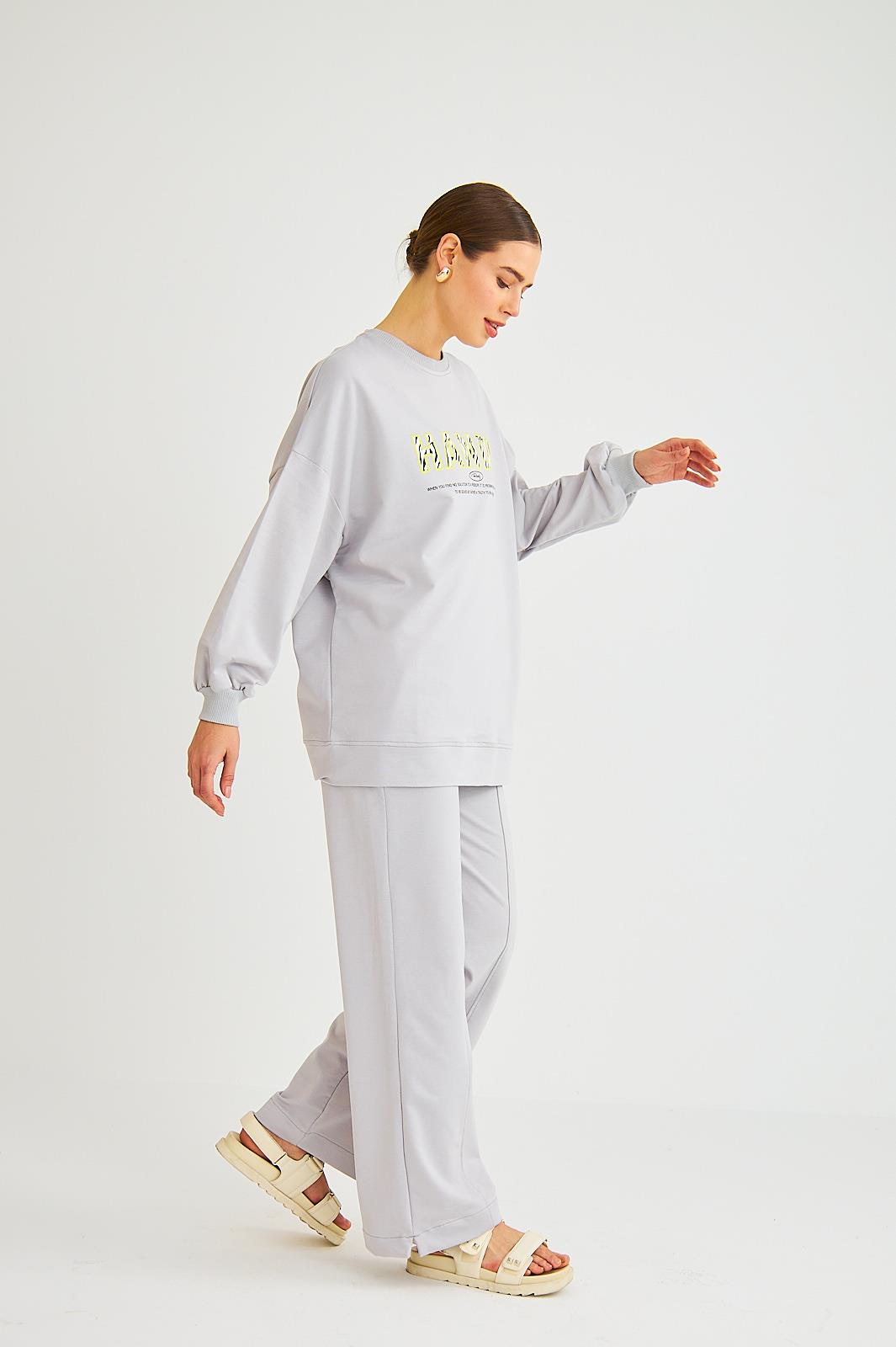 Handy Baskılı Pamuklu Oversize Gri Alt Üst Takım