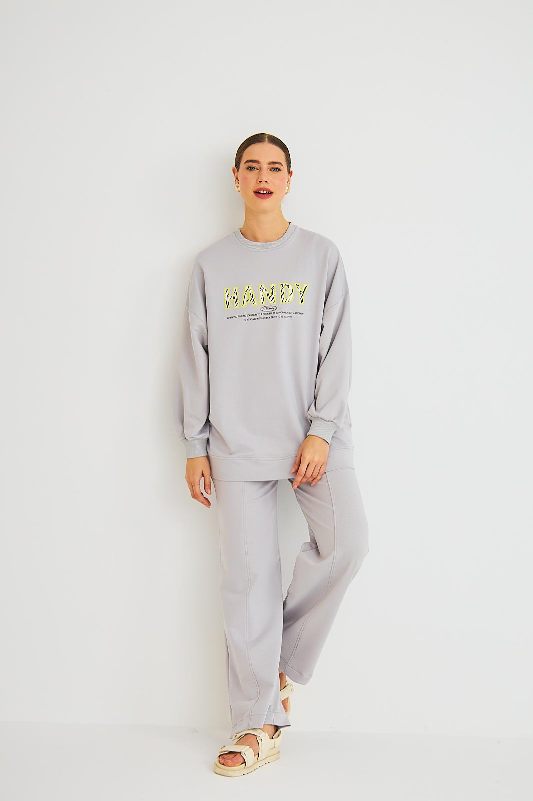 Handy Baskılı Pamuklu Oversize Gri Alt Üst Takım